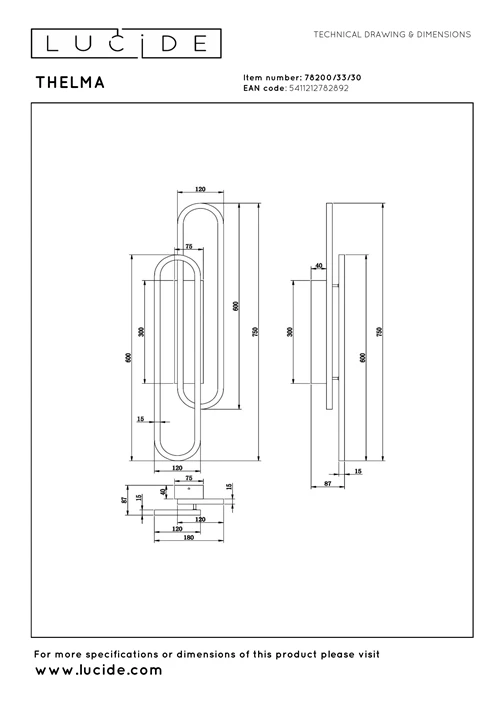 Lucide THELMA - Lámpara de pared - LED Regul. - 1x35W 2700K - Negro - técnico